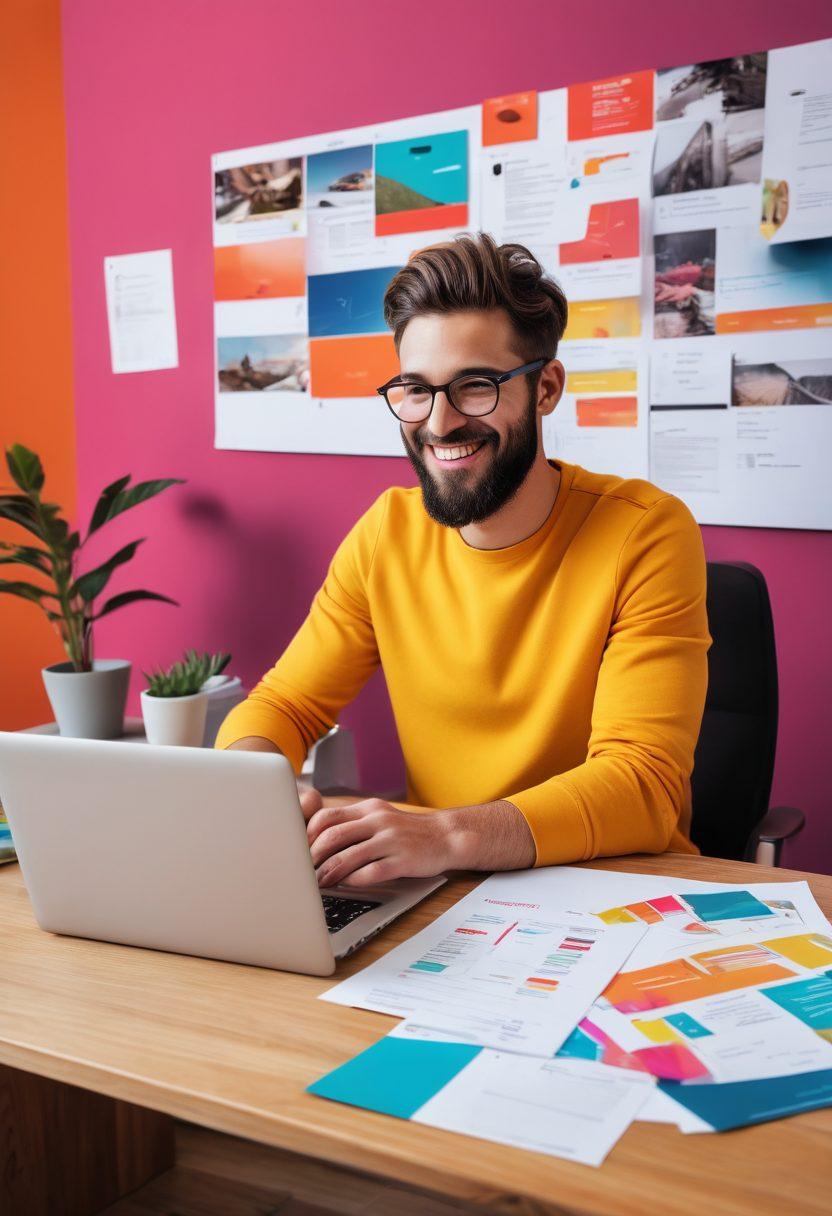 A cheerful character sitting at a desk, effortlessly converting a PDF to a JPG on a sleek laptop. Surrounding them are colorful documents and images floating, depicting the transition from PDF to JPG with arrows. The scene radiates a sense of simplicity and joy, with a bright and inviting workspace. The atmosphere should evoke ease and happiness, showcasing technology enhancing user experience. vibrant colors. clean design. digital art.