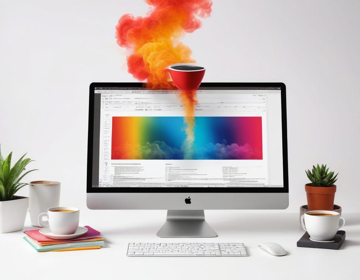 An engaging workspace scene featuring a person happily converting a PDF document into an image on a sleek computer, with vibrant PDFs transforming into colorful images around them, symbolizing satisfaction and ease. Include a coffee cup with steam, enhancing the creative atmosphere. super-realistic. vibrant colors. white background.