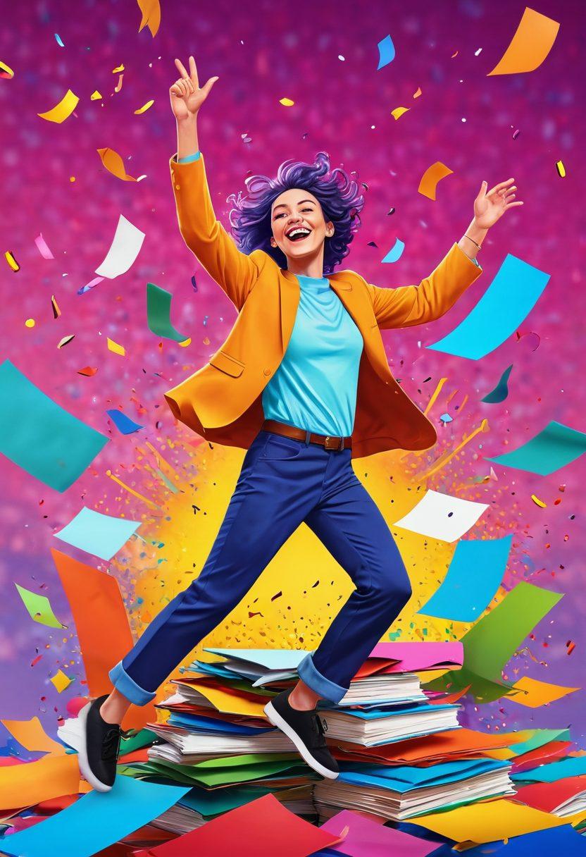 A vibrant illustration depicting a joyful character dancing with a stack of colorful PDFs transforming into bright and cheerful JPEG images. The background features a whimsical digital landscape with confetti flying around, symbolizing transformation and happiness. The scene should convey a sense of fun and ease in file conversion. super-realistic. vibrant colors. playful style.